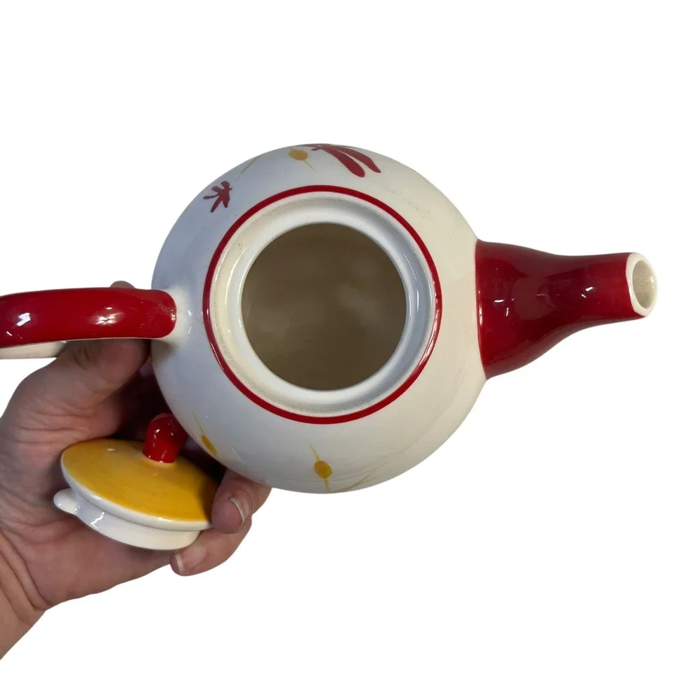 Hues N Brews Dragonfly Tea Set Teapot 2 Cups and Tray Red Yellow White Ceramic